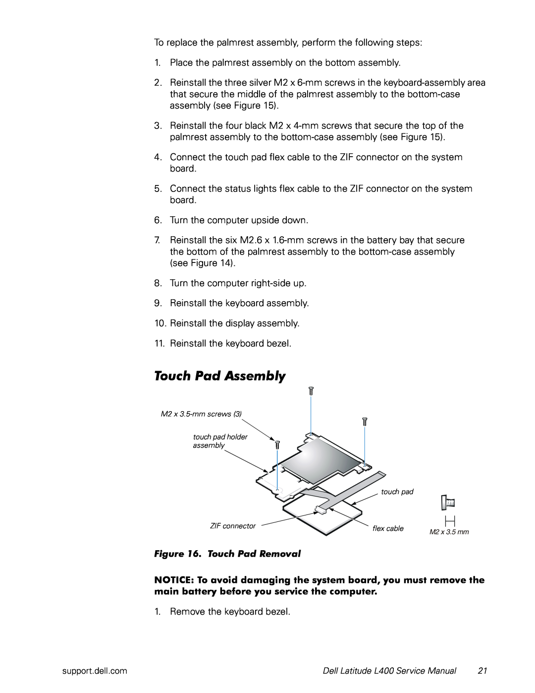 Dell L400 service manual Touch Pad Assembly, Touch Pad Removal 