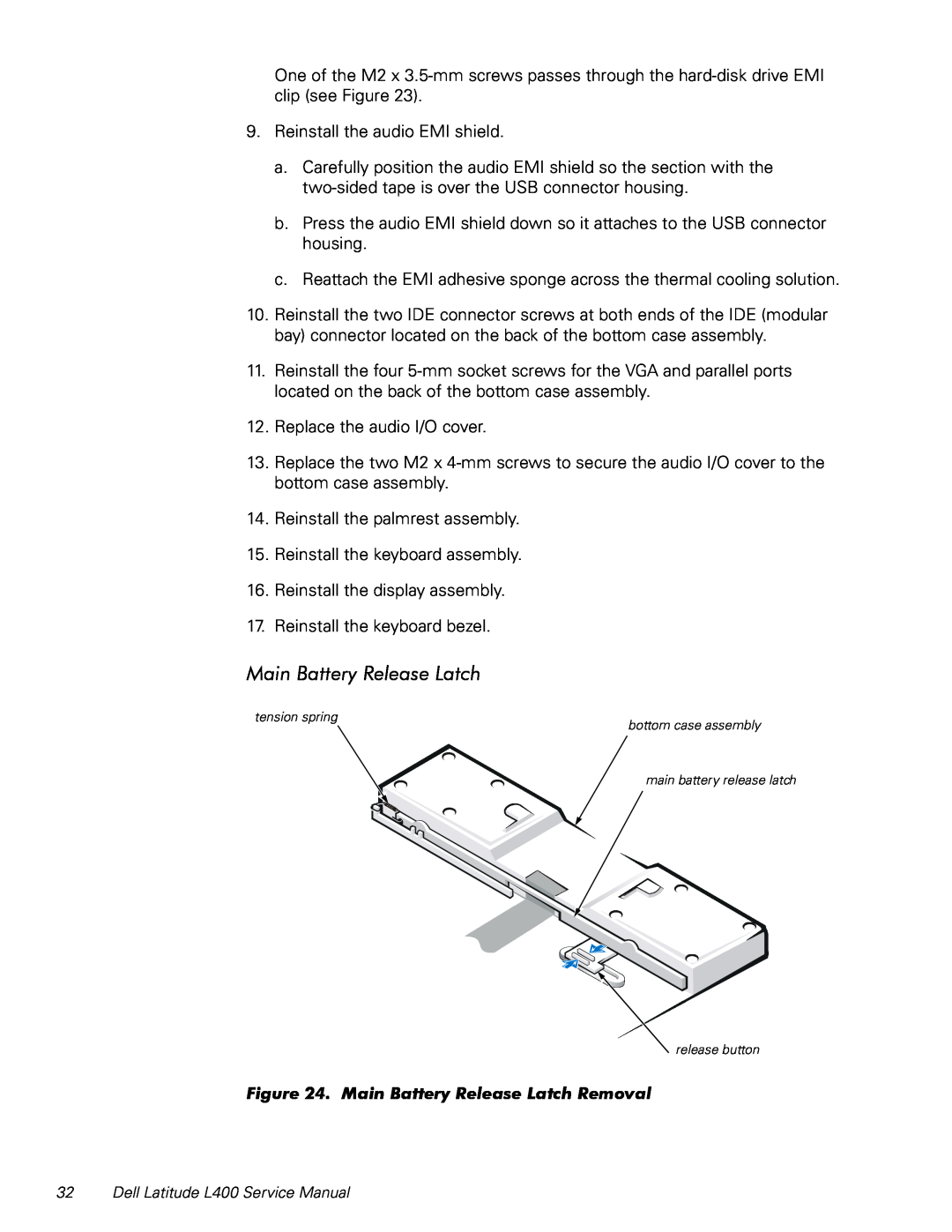 Dell L400 service manual Main Battery Release Latch Removal 