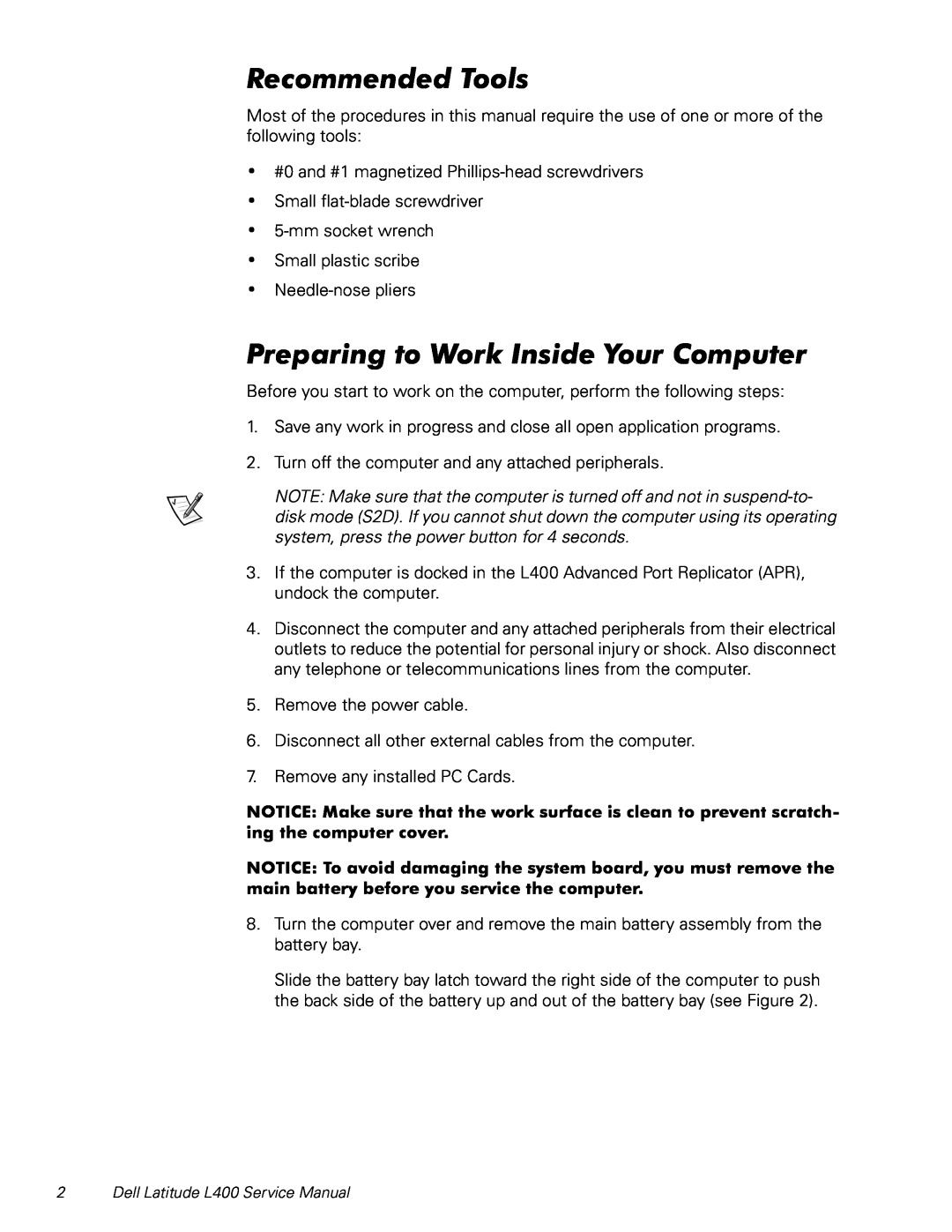 Dell L400 service manual Recommended Tools, Preparing to Work Inside Your Computer 