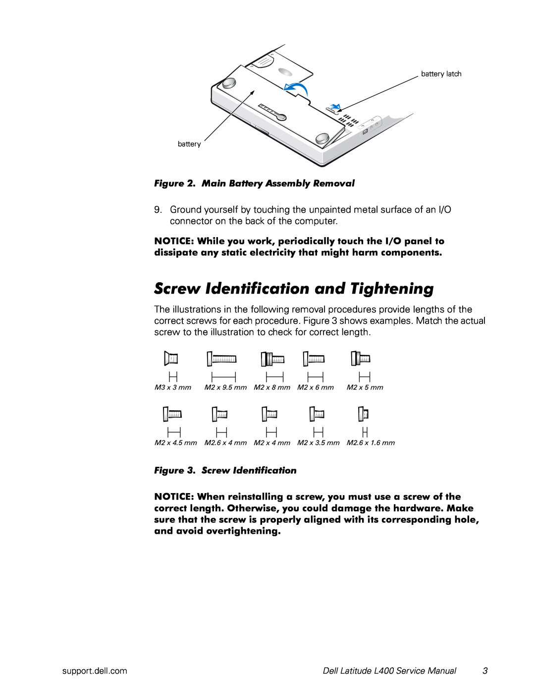 Dell L400 service manual Screw Identification and Tightening, Main Battery Assembly Removal 