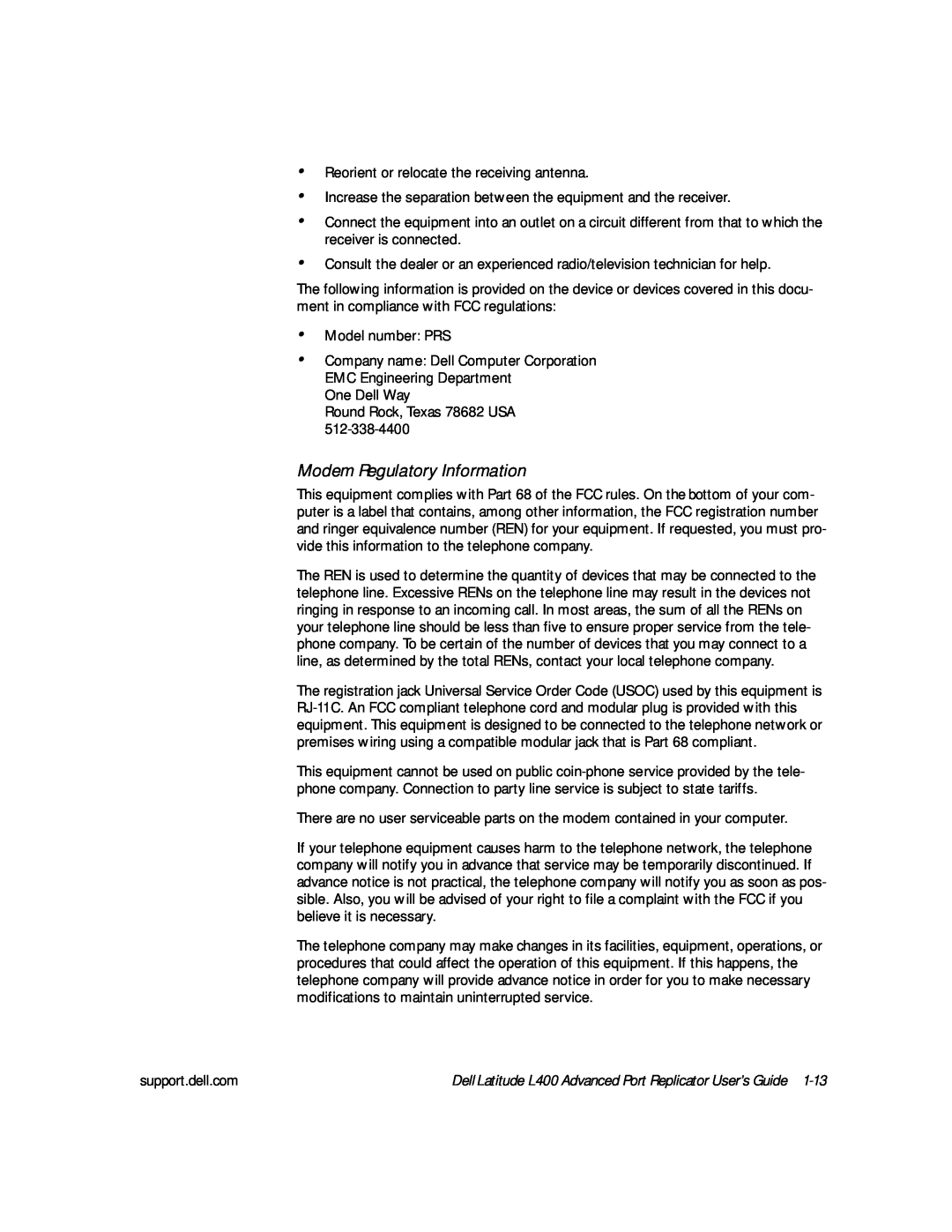 Dell L400 manual Modem Regulatory Information 