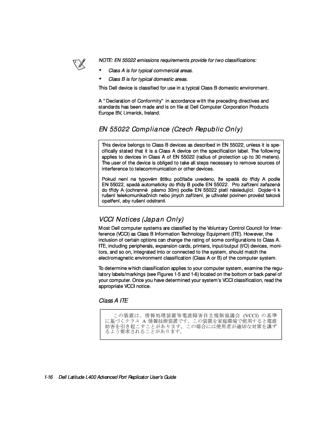 Dell L400 manual EN 55022 Compliance Czech Republic Only, VCCI Notices Japan Only, Class A ITE 