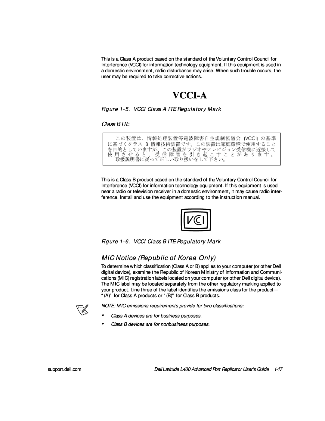 Dell L400 manual MIC Notice Republic of Korea Only, Class B ITE, 5.VCCI Class A ITE Regulatory Mark, 9&&,$ 