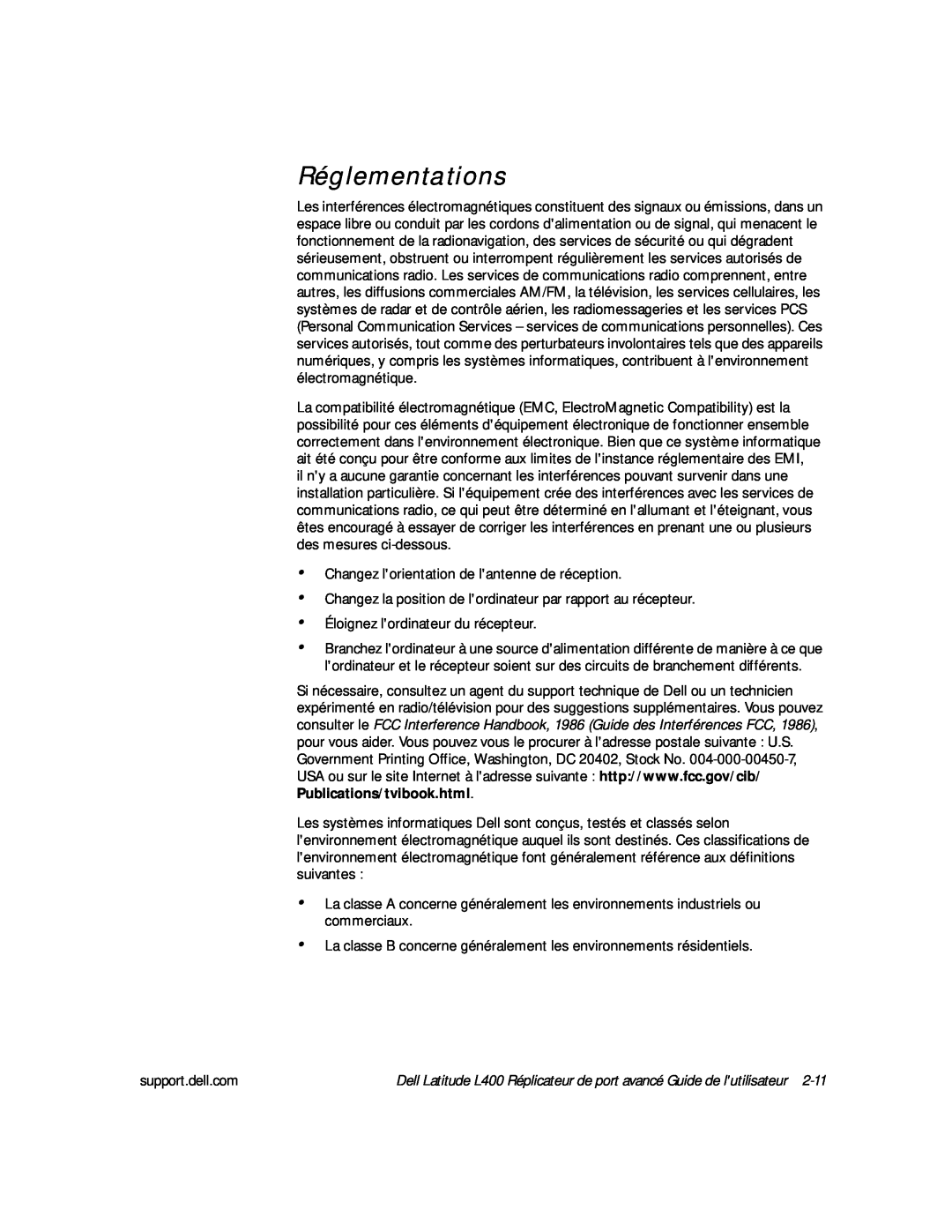 Dell L400 manual Réglementations 