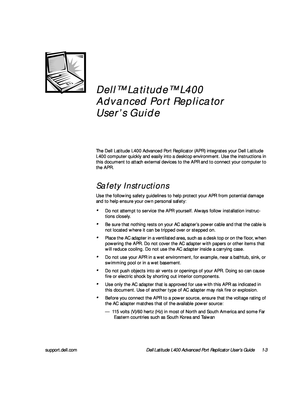 Dell manual Dell Latitude L400 Advanced Port Replicator, User’s Guide, Safety Instructions 