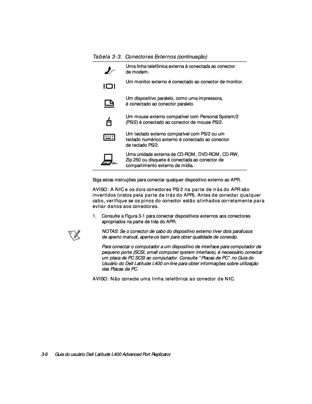 Dell L400 manual Tabela 3-3.Conectores Externos continuação 