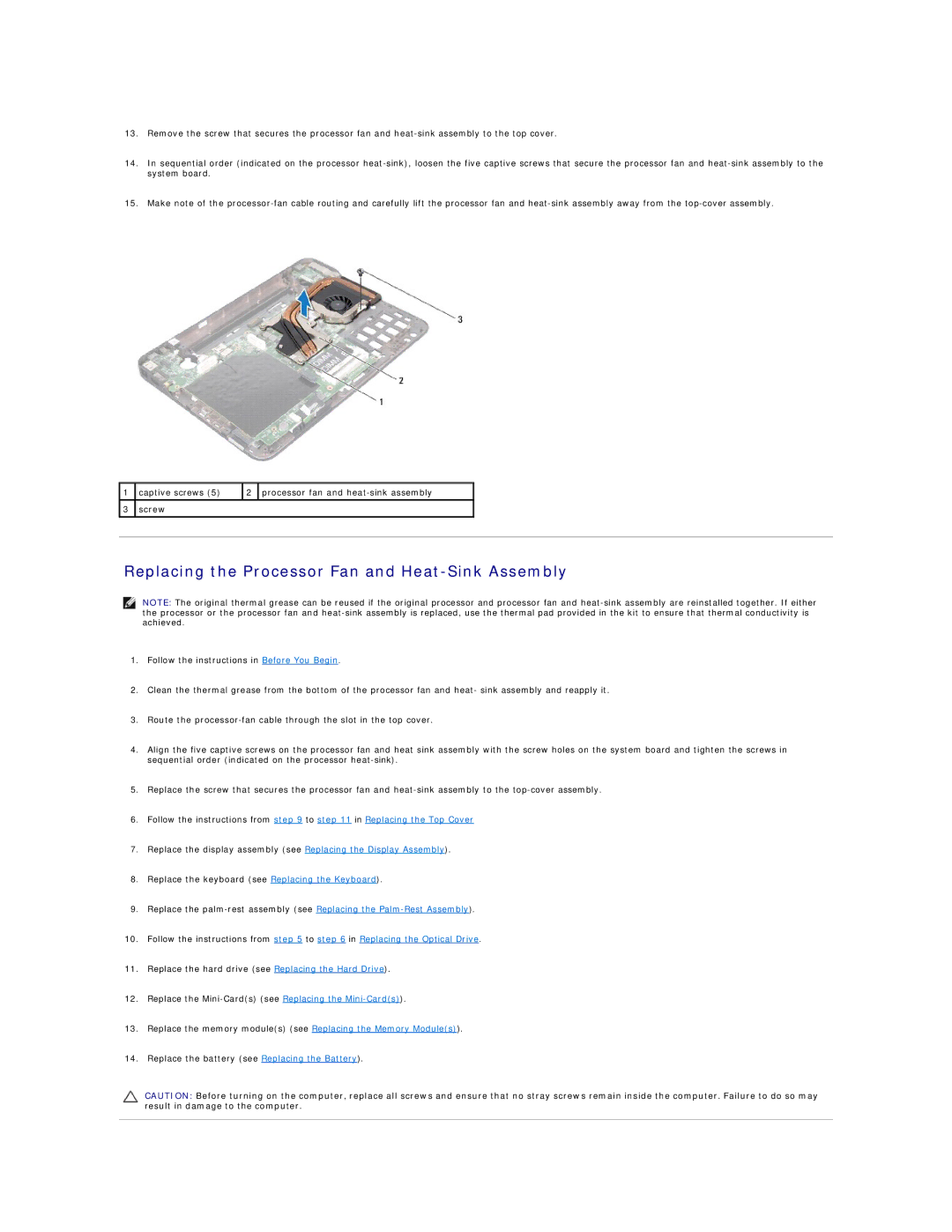 Dell L401X manual Replacing the Processor Fan and Heat-Sink Assembly 