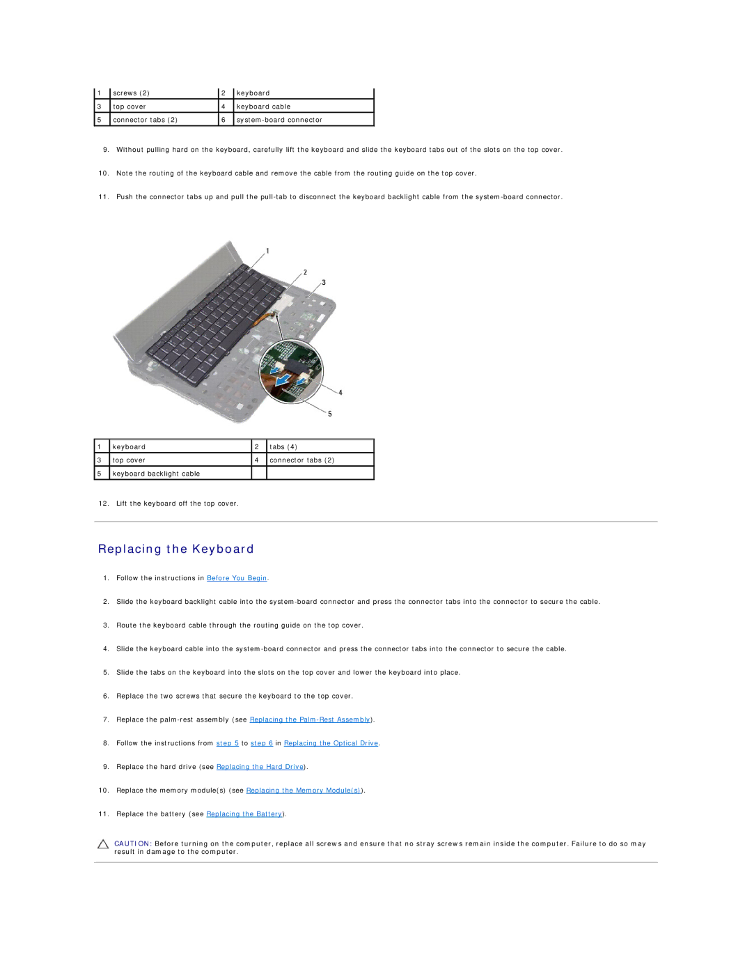 Dell L401X manual Replacing the Keyboard 