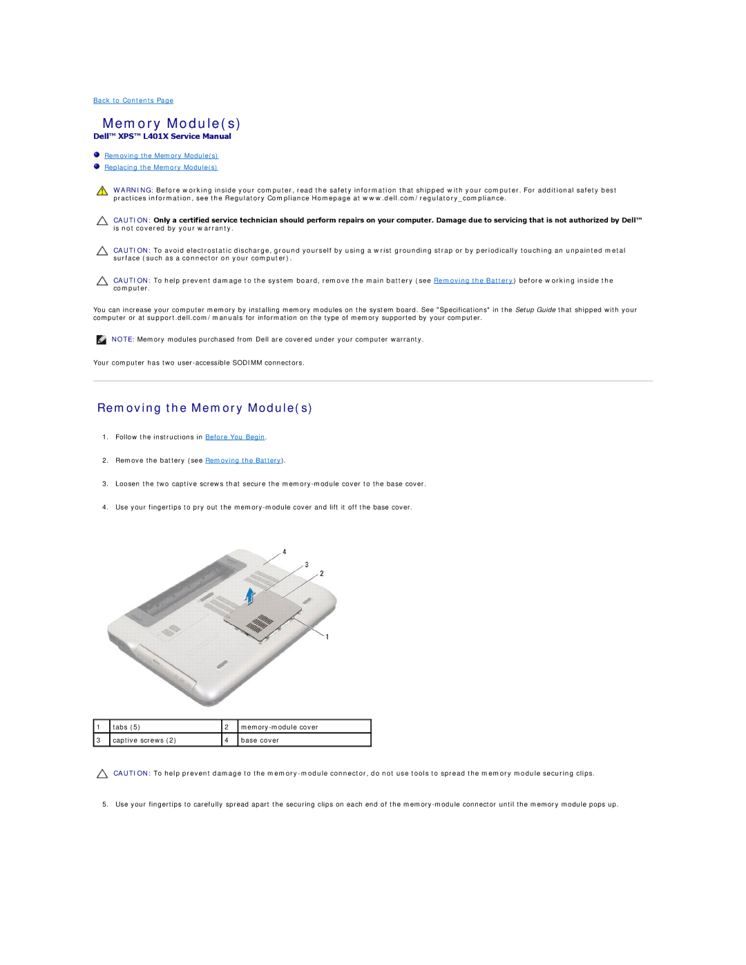 Dell L401X manual Removing the Memory Modules 