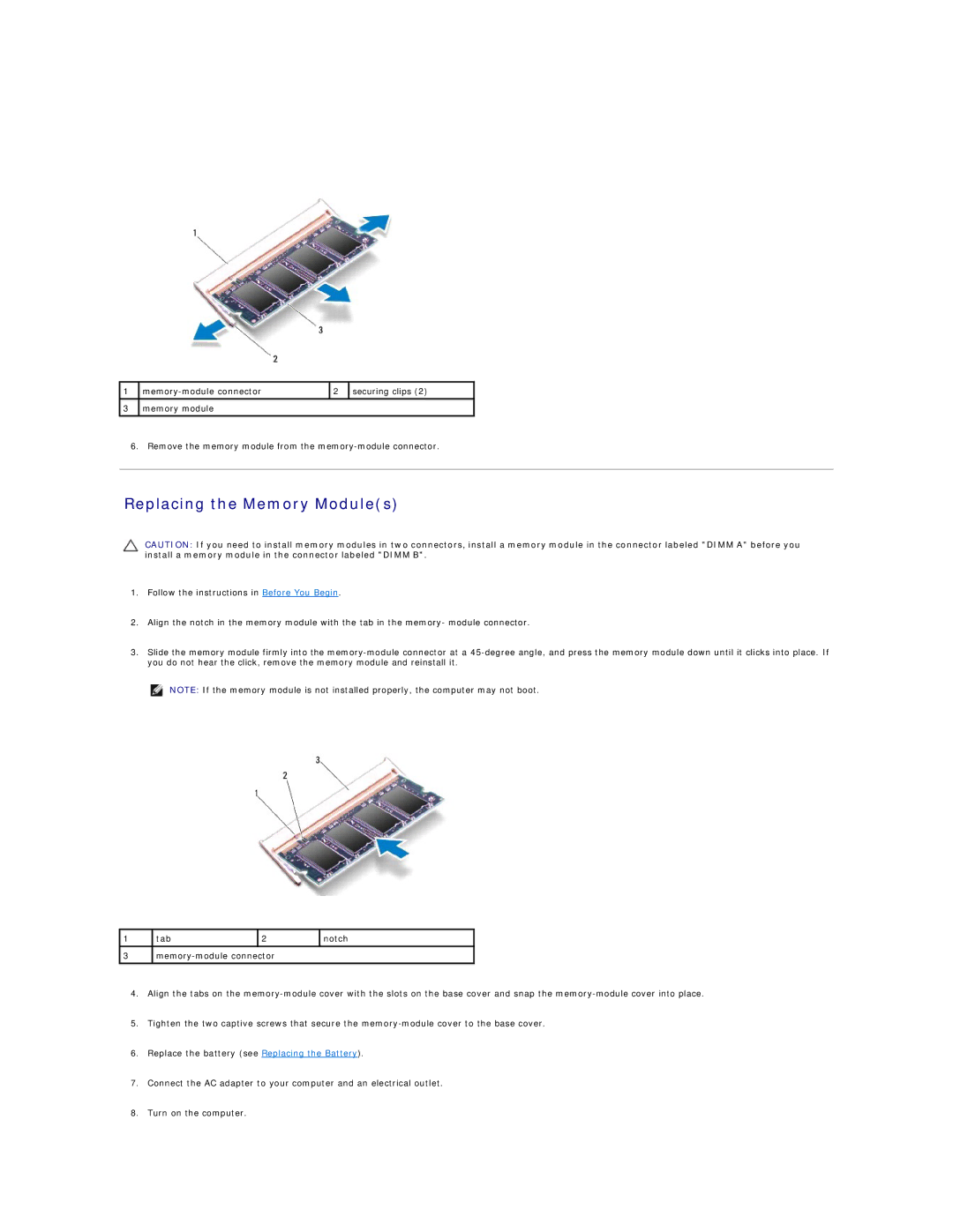 Dell L401X manual Replacing the Memory Modules 