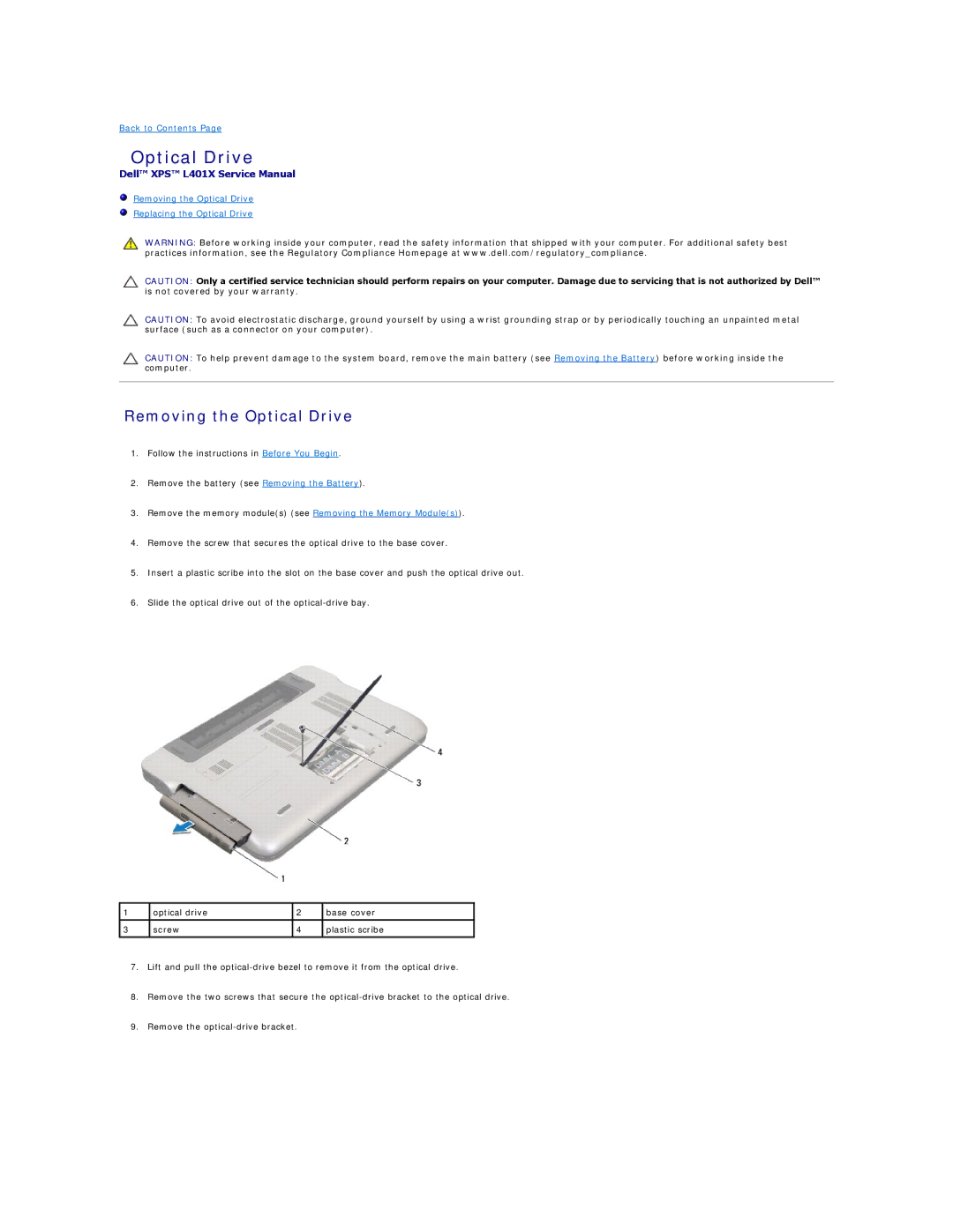 Dell L401X manual Removing the Optical Drive 