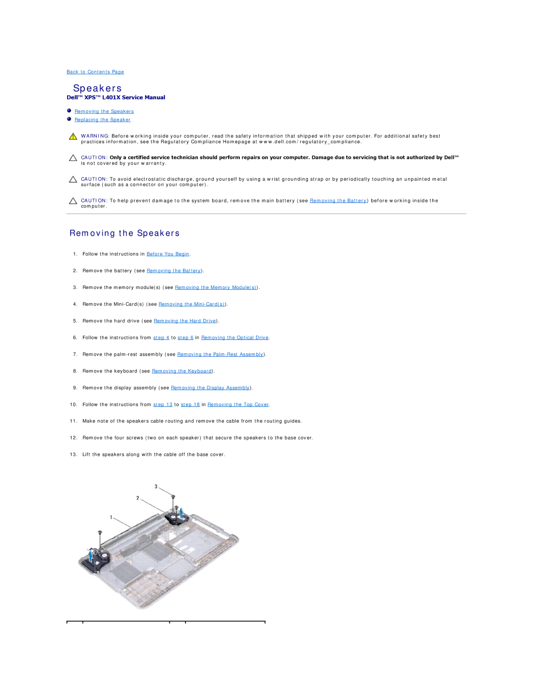 Dell L401X manual Removing the Speakers 