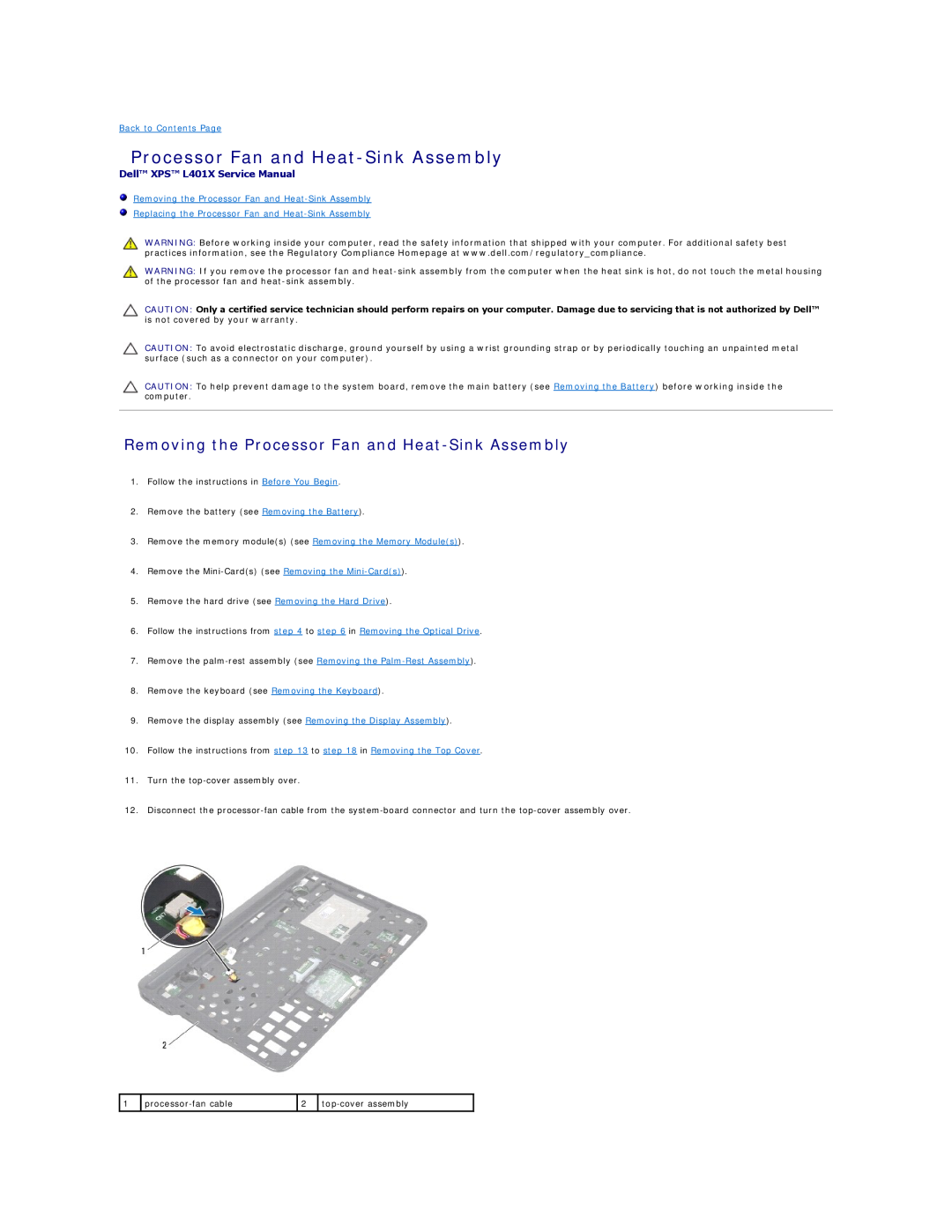 Dell L401X manual Removing the Processor Fan and Heat-Sink Assembly, Replacing the Processor Fan and Heat-Sink Assembly 