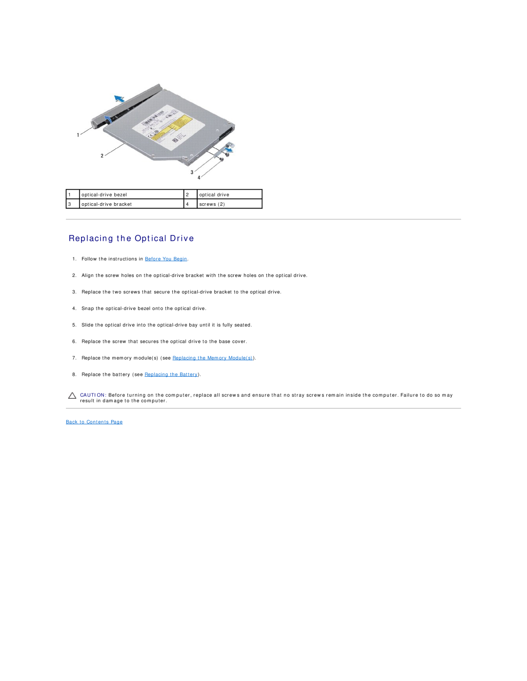 Dell L401X manual Replacing the Optical Drive, Back to Contents Page 