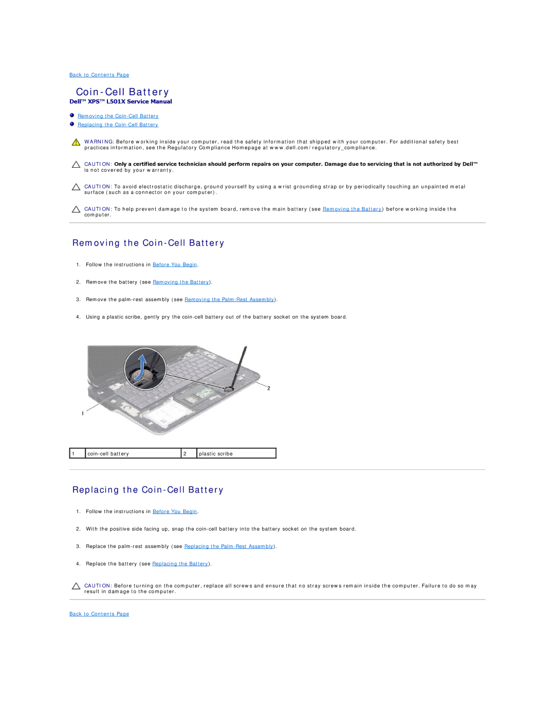 Dell L501X manual Removing the Coin-Cell Battery, Replacing the Coin-Cell Battery 