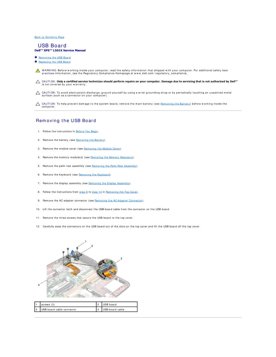 Dell L501X manual Removing the USB Board 