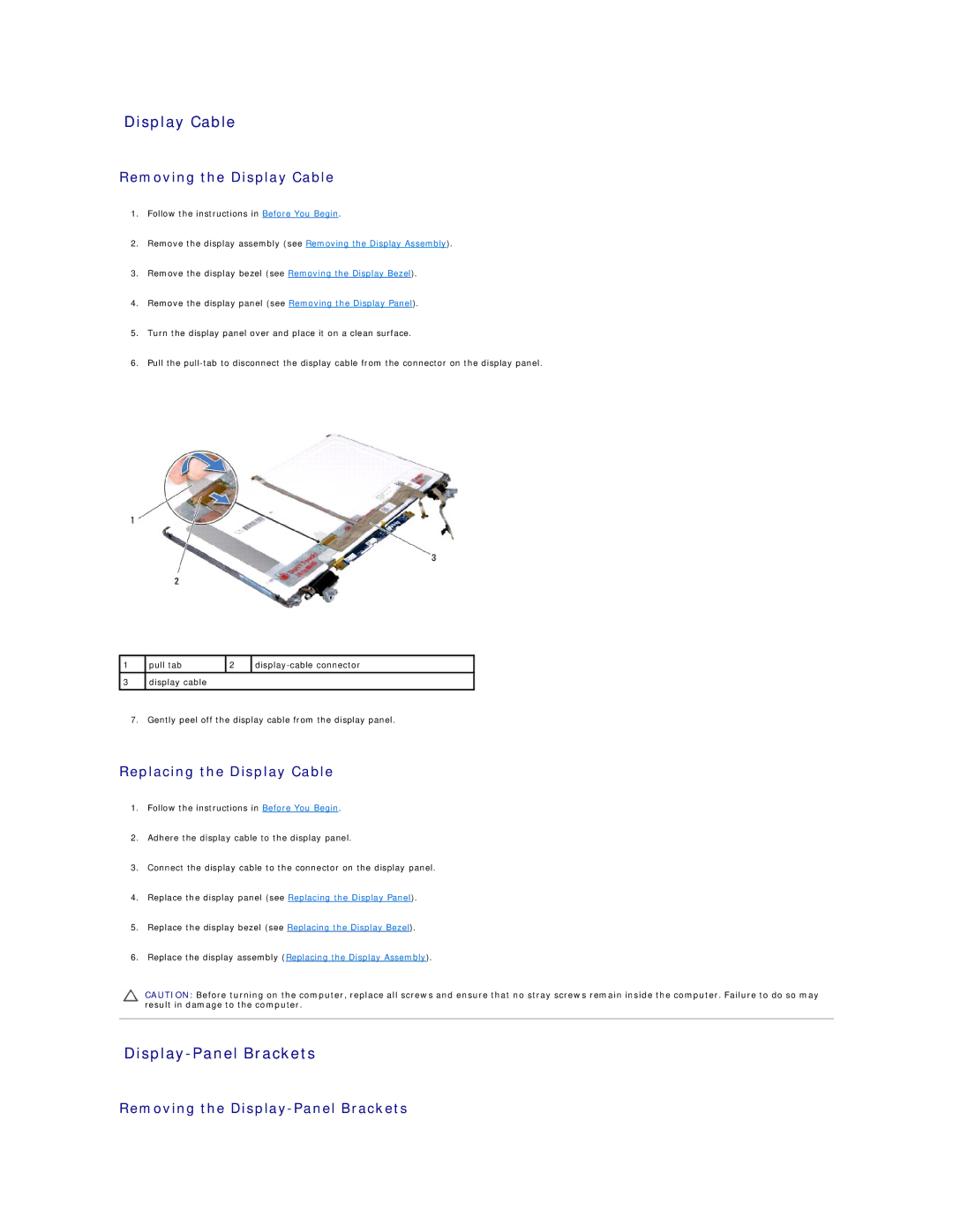 Dell L501X manual Display Cable, Display-Panel Brackets 