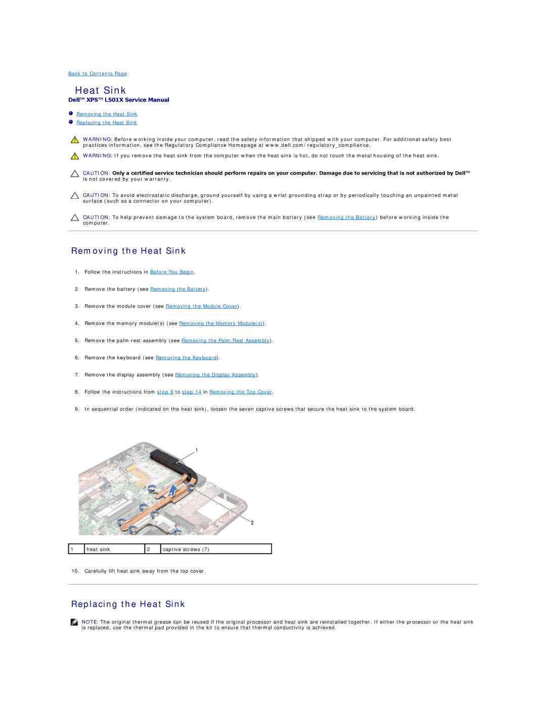 Dell L501X manual Removing the Heat Sink, Replacing the Heat Sink 