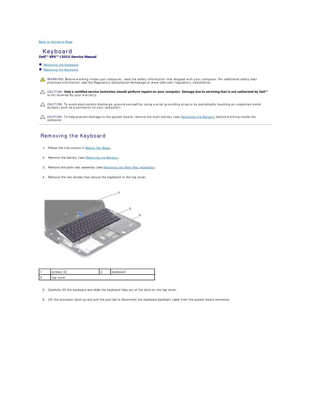 Dell L501X manual Removing the Keyboard 