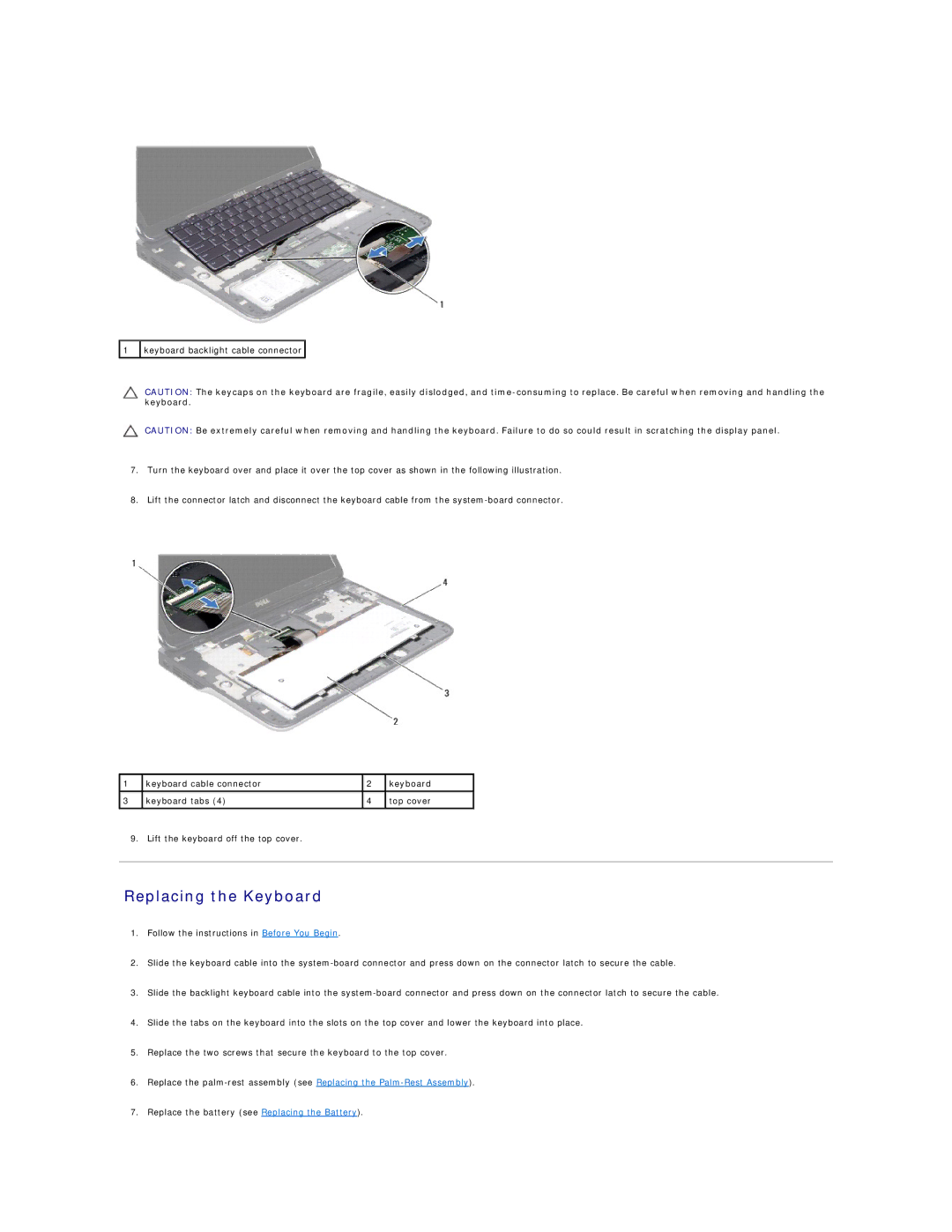 Dell L501X manual Replacing the Keyboard 