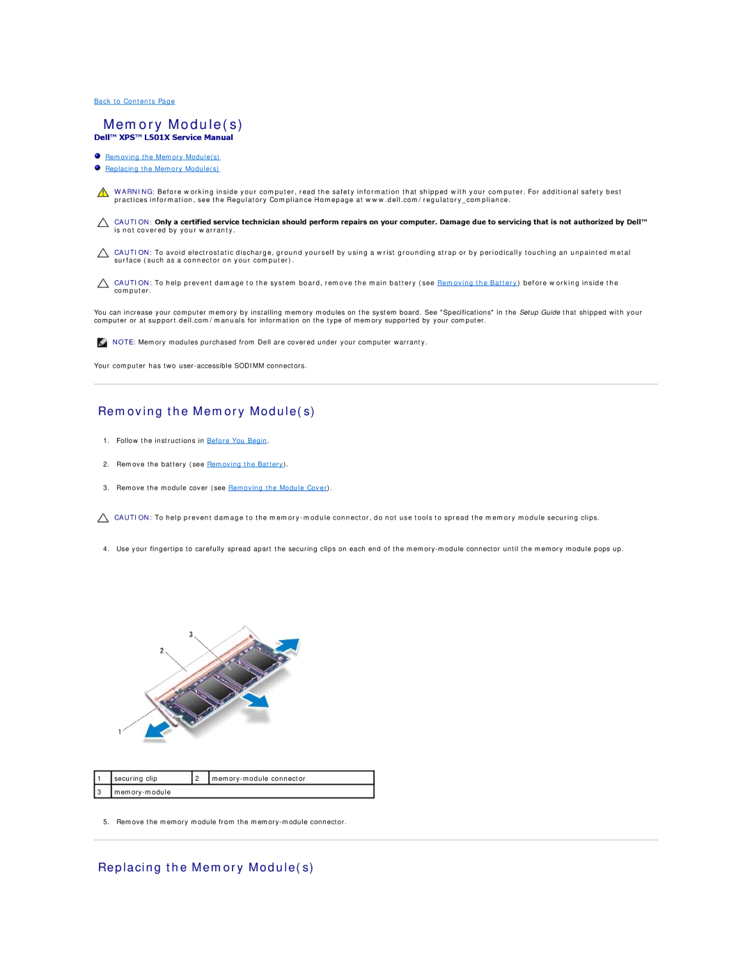 Dell L501X manual Removing the Memory Modules, Replacing the Memory Modules 