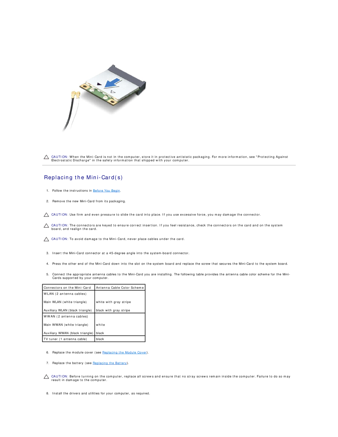 Dell L501X manual Replacing the Mini-Cards, Wwan 2 antenna cables 