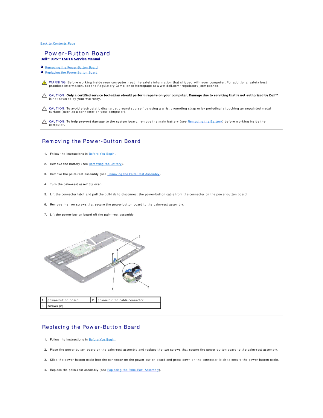 Dell L501X manual Removing the Power-Button Board, Replacing the Power-Button Board 