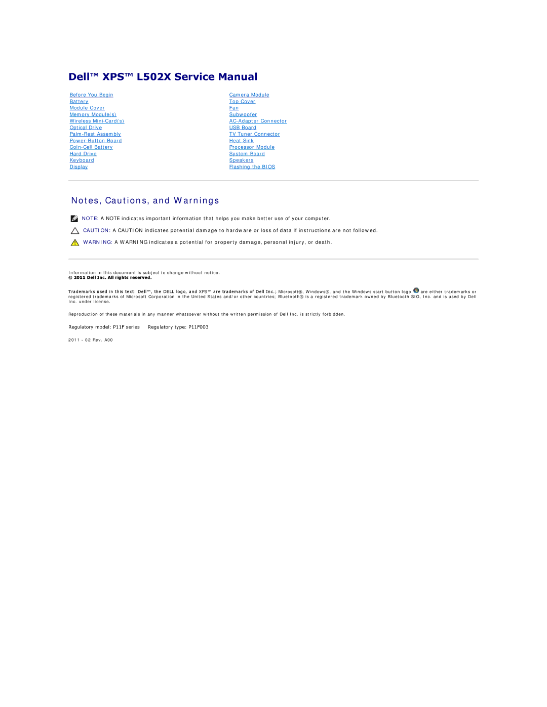 Dell L502X manual Regulatory model P11F series Regulatory type P11F003 