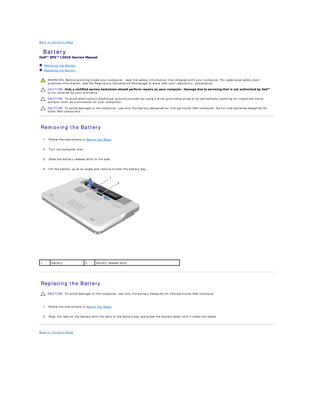 Dell L502X manual Removing the Battery, Replacing the Battery 