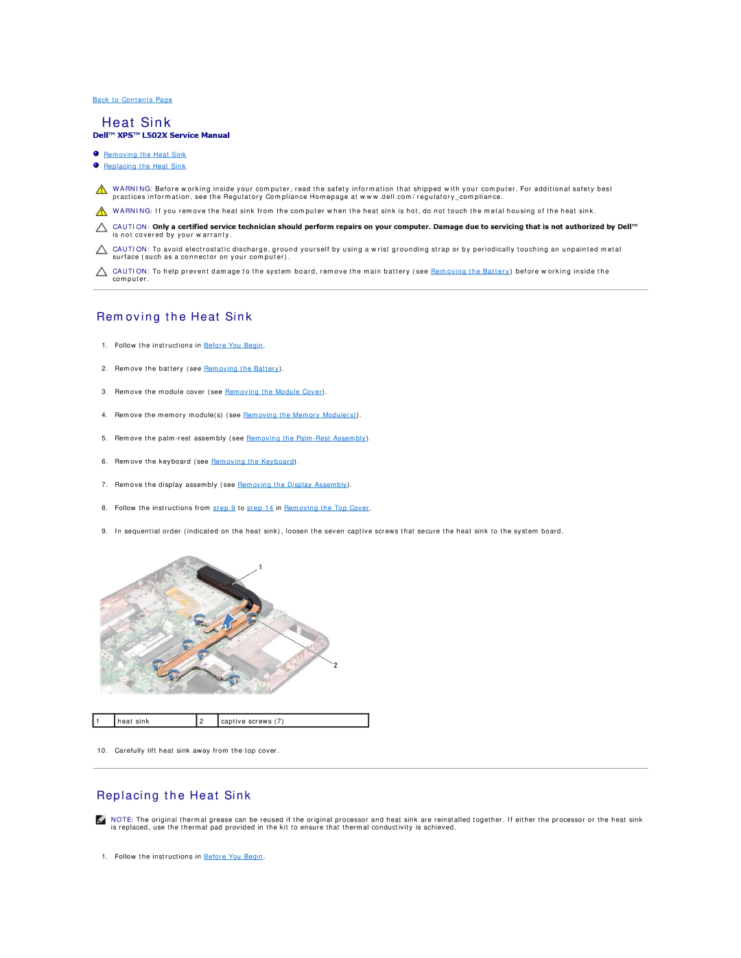 Dell L502X manual Removing the Heat Sink, Replacing the Heat Sink 