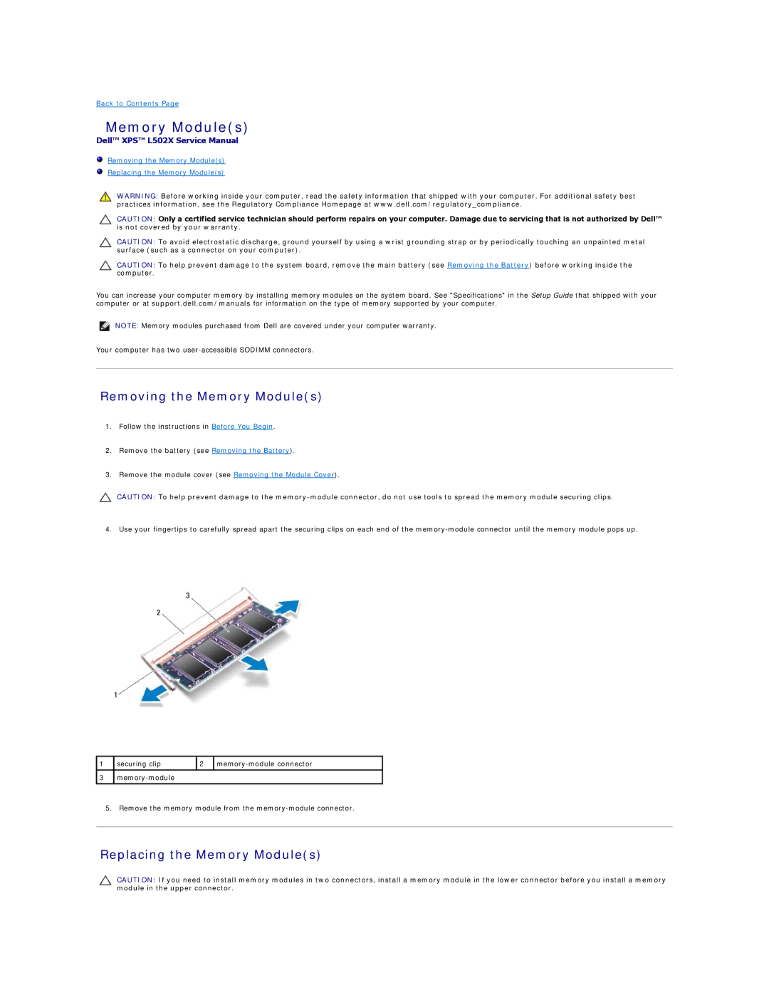 Dell L502X manual Removing the Memory Modules, Replacing the Memory Modules 