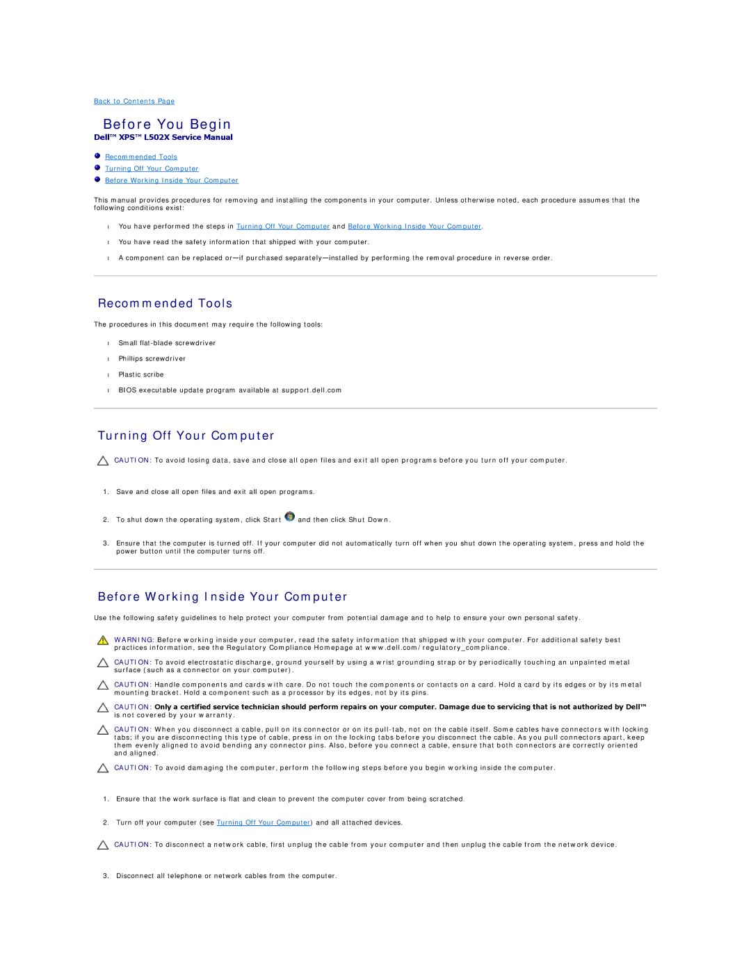 Dell L502X manual Before You Begin, Recommended Tools, Turning Off Your Computer, Before Working Inside Your Computer 
