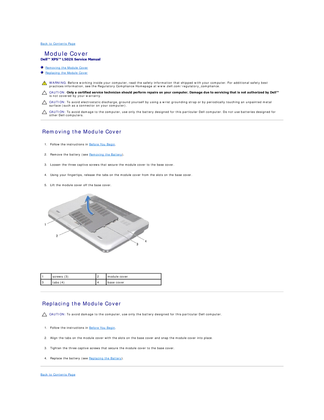Dell L502X manual Removing the Module Cover, Replacing the Module Cover 