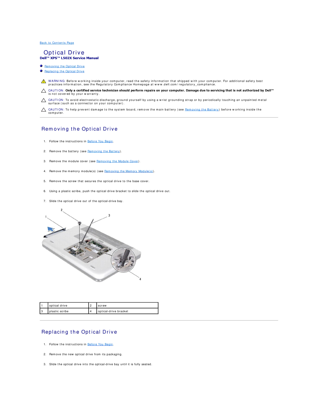 Dell L502X manual Removing the Optical Drive, Replacing the Optical Drive 