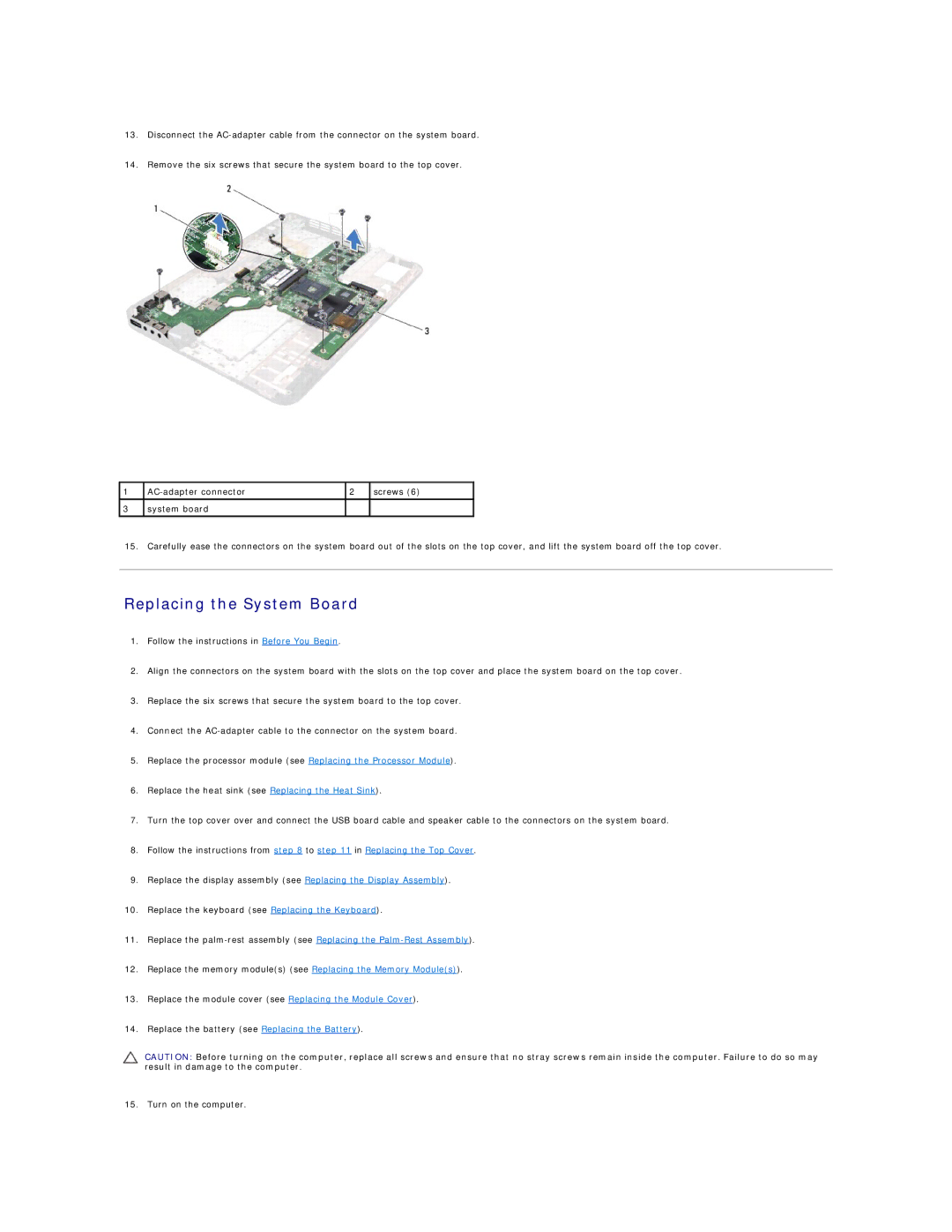 Dell L502X manual Replacing the System Board 