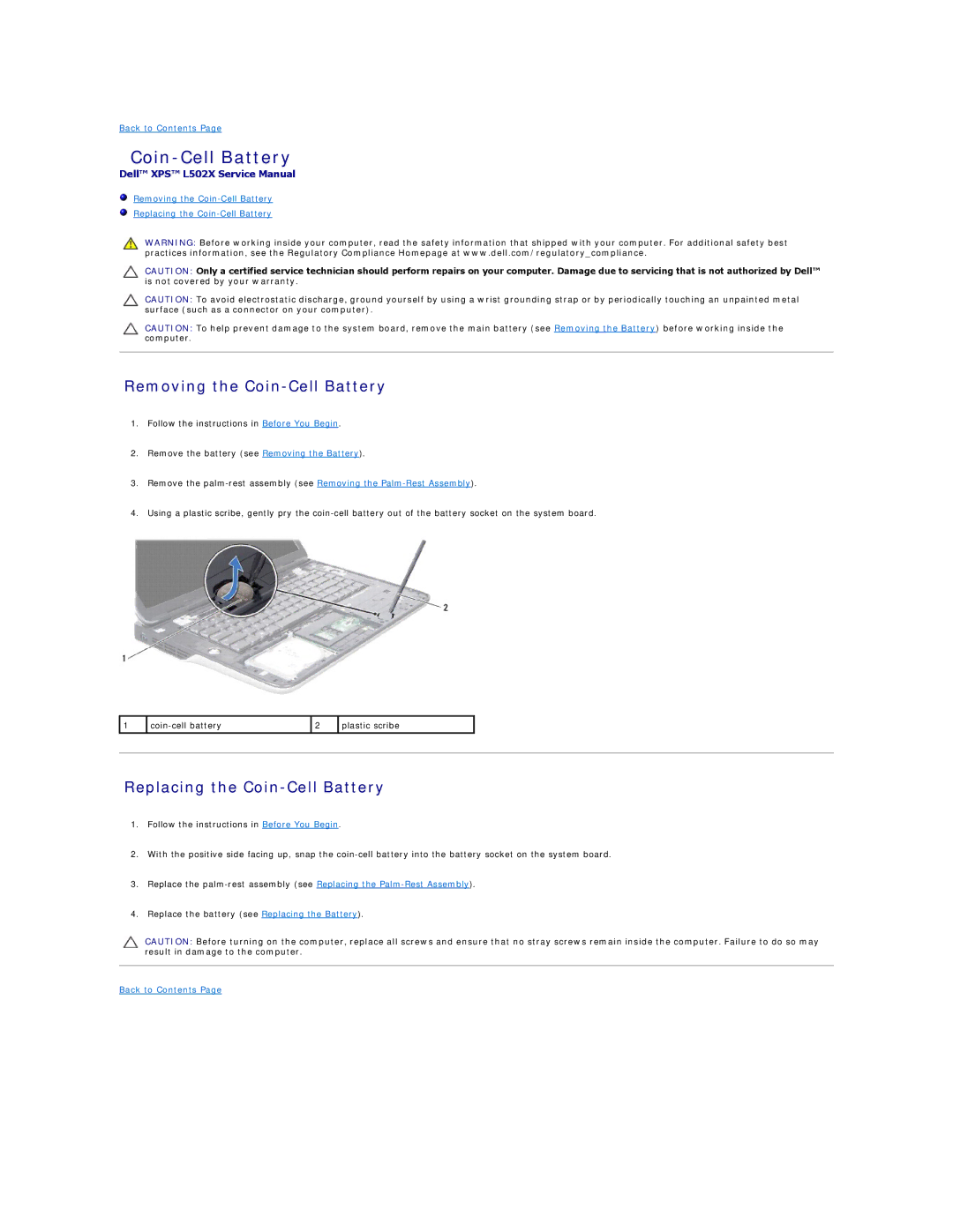 Dell L502X manual Removing the Coin-Cell Battery, Replacing the Coin-Cell Battery 