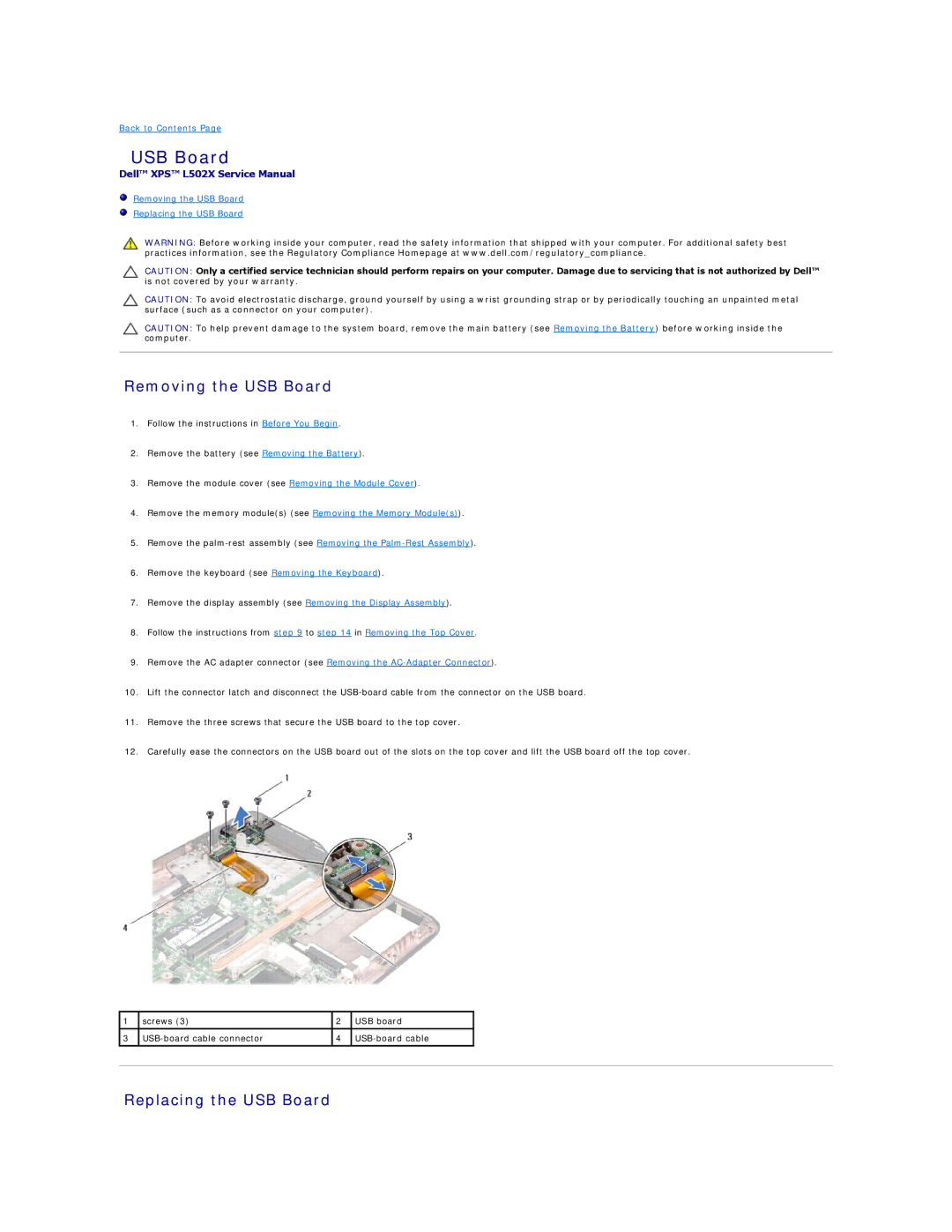 Dell L502X manual Removing the USB Board, Replacing the USB Board 