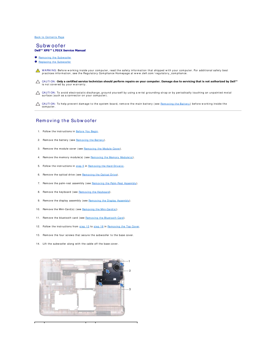 Dell L701X manual Removing the Subwoofer 