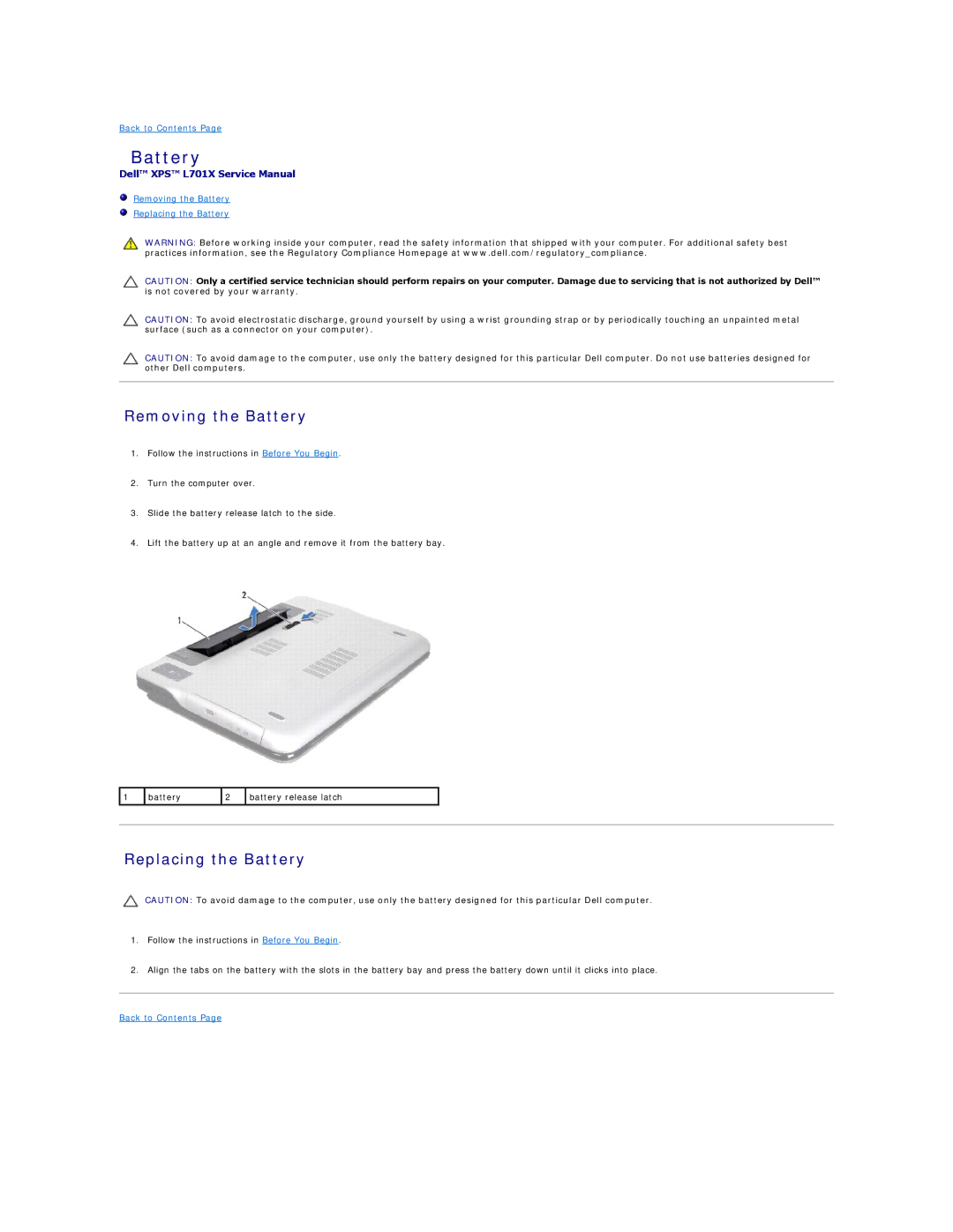 Dell L701X manual Removing the Battery, Replacing the Battery 