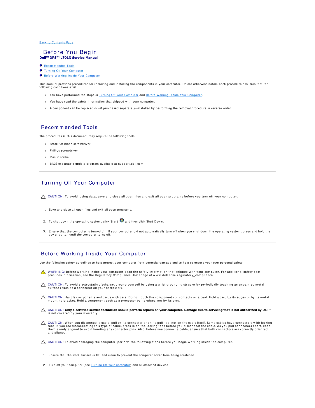 Dell L701X manual Before You Begin, Recommended Tools, Turning Off Your Computer, Before Working Inside Your Computer 