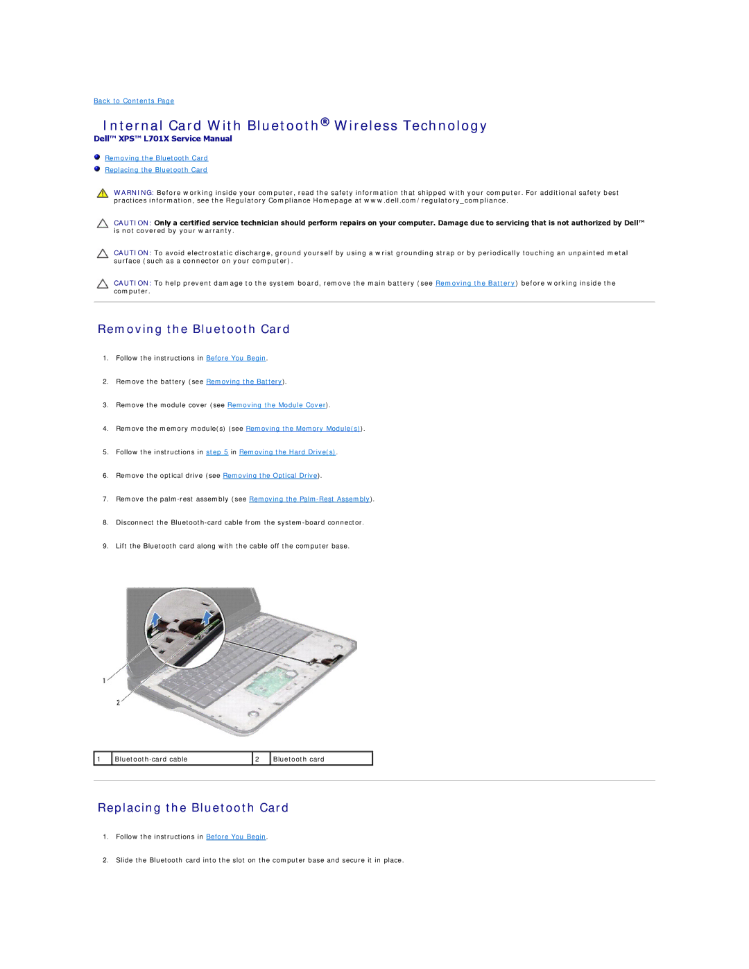 Dell L701X Internal Card With Bluetooth Wireless Technology, Removing the Bluetooth Card, Replacing the Bluetooth Card 