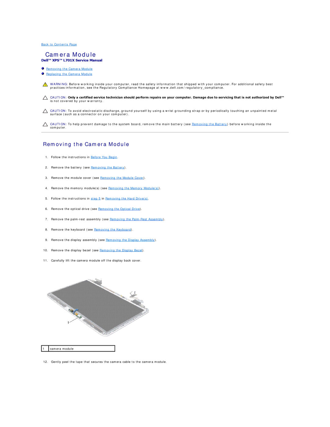 Dell L701X manual Removing the Camera Module 