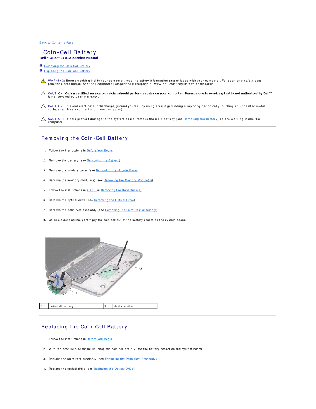 Dell L701X manual Removing the Coin-Cell Battery, Replacing the Coin-Cell Battery 