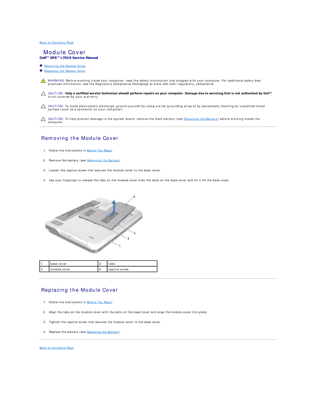 Dell L701X manual Removing the Module Cover, Replacing the Module Cover 