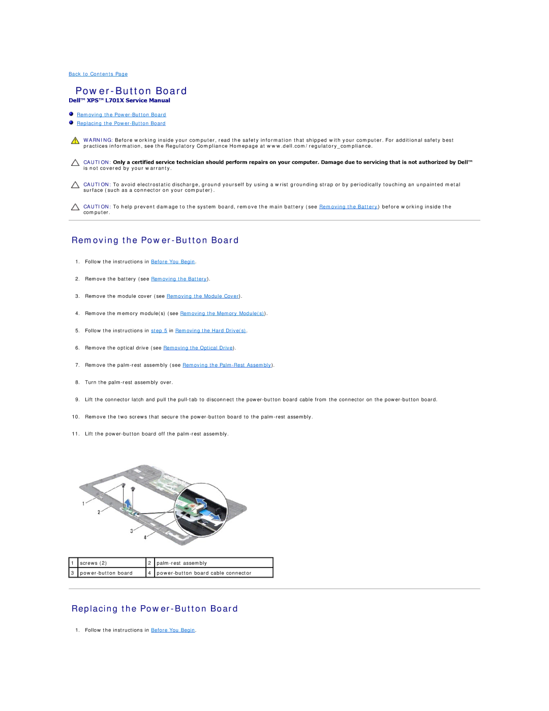 Dell L701X manual Removing the Power-Button Board, Replacing the Power-Button Board 