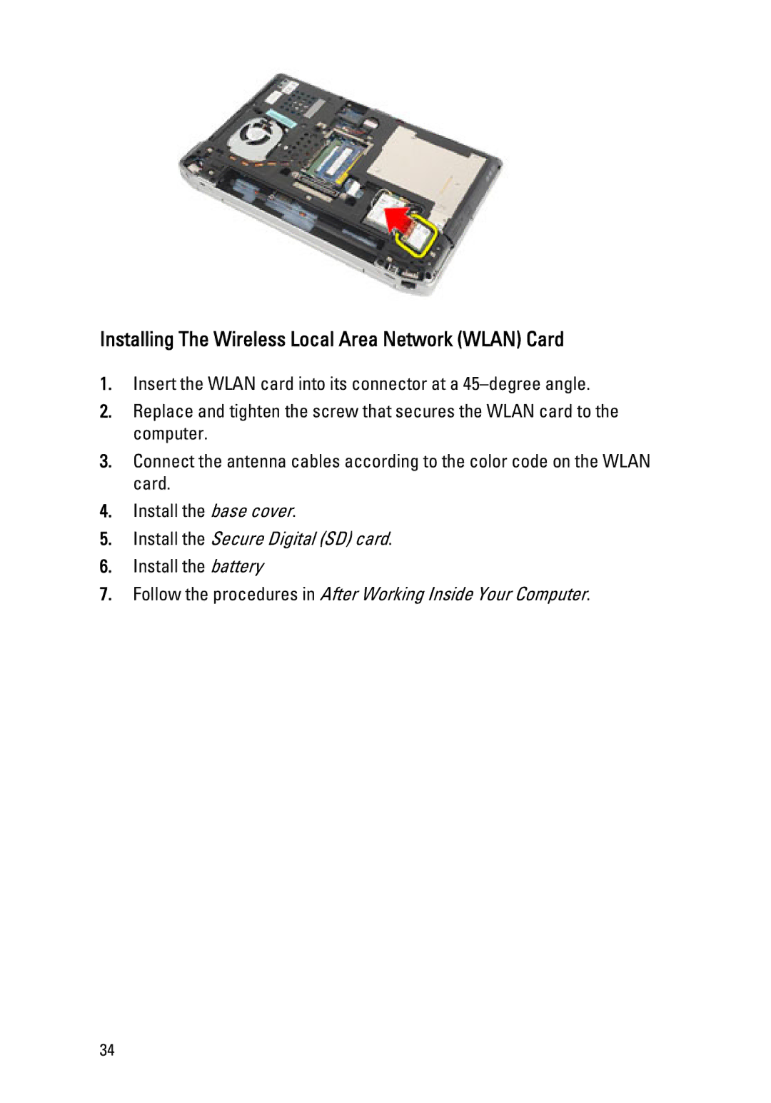 Dell Latitude E6320 owner manual Installing The Wireless Local Area Network Wlan Card 