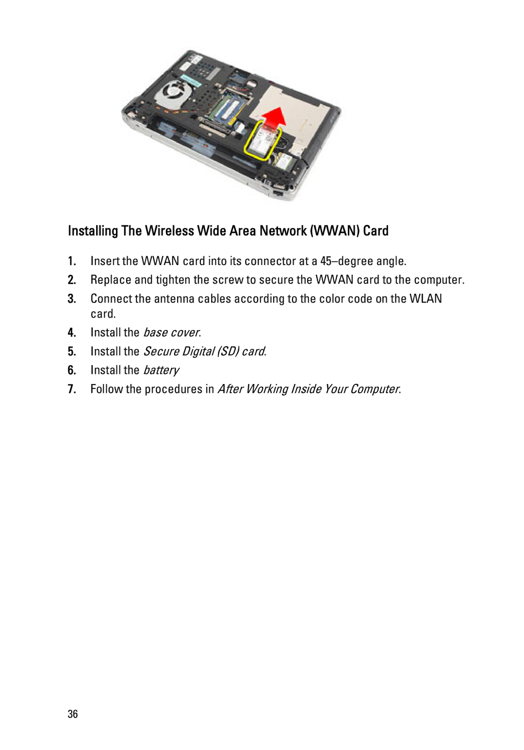 Dell Latitude E6320 owner manual Installing The Wireless Wide Area Network Wwan Card 