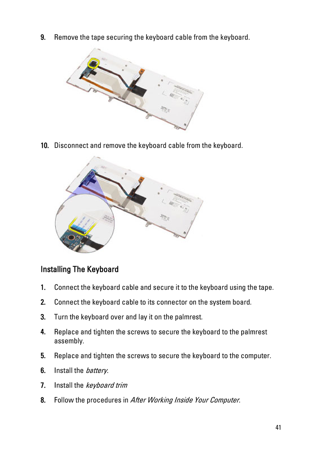 Dell Latitude E6320 owner manual Installing The Keyboard 