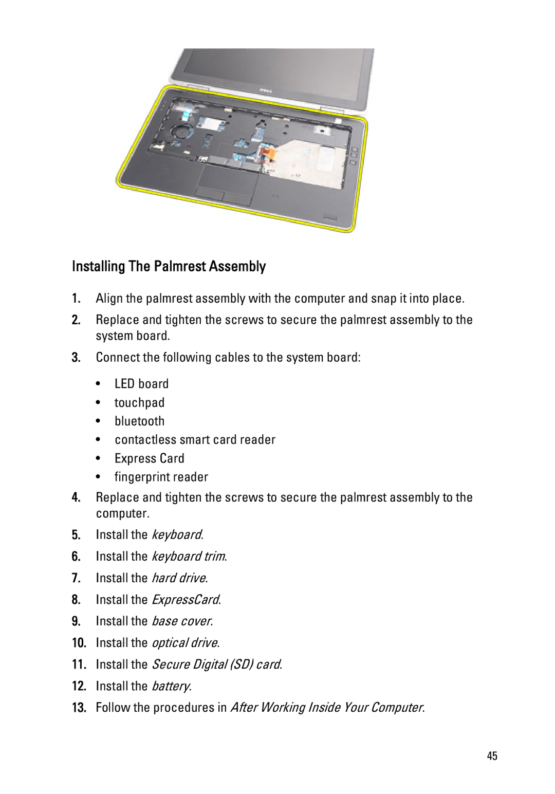 Dell Latitude E6320 owner manual Installing The Palmrest Assembly 