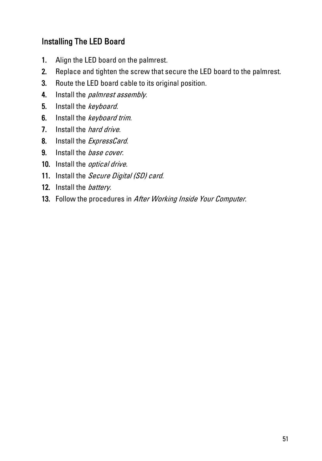 Dell Latitude E6320 owner manual Installing The LED Board 